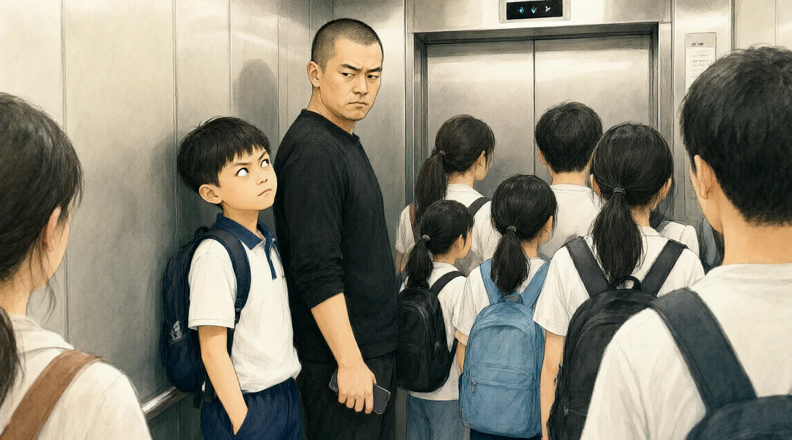 電梯裡，那個斜眼瞪著父親的男孩