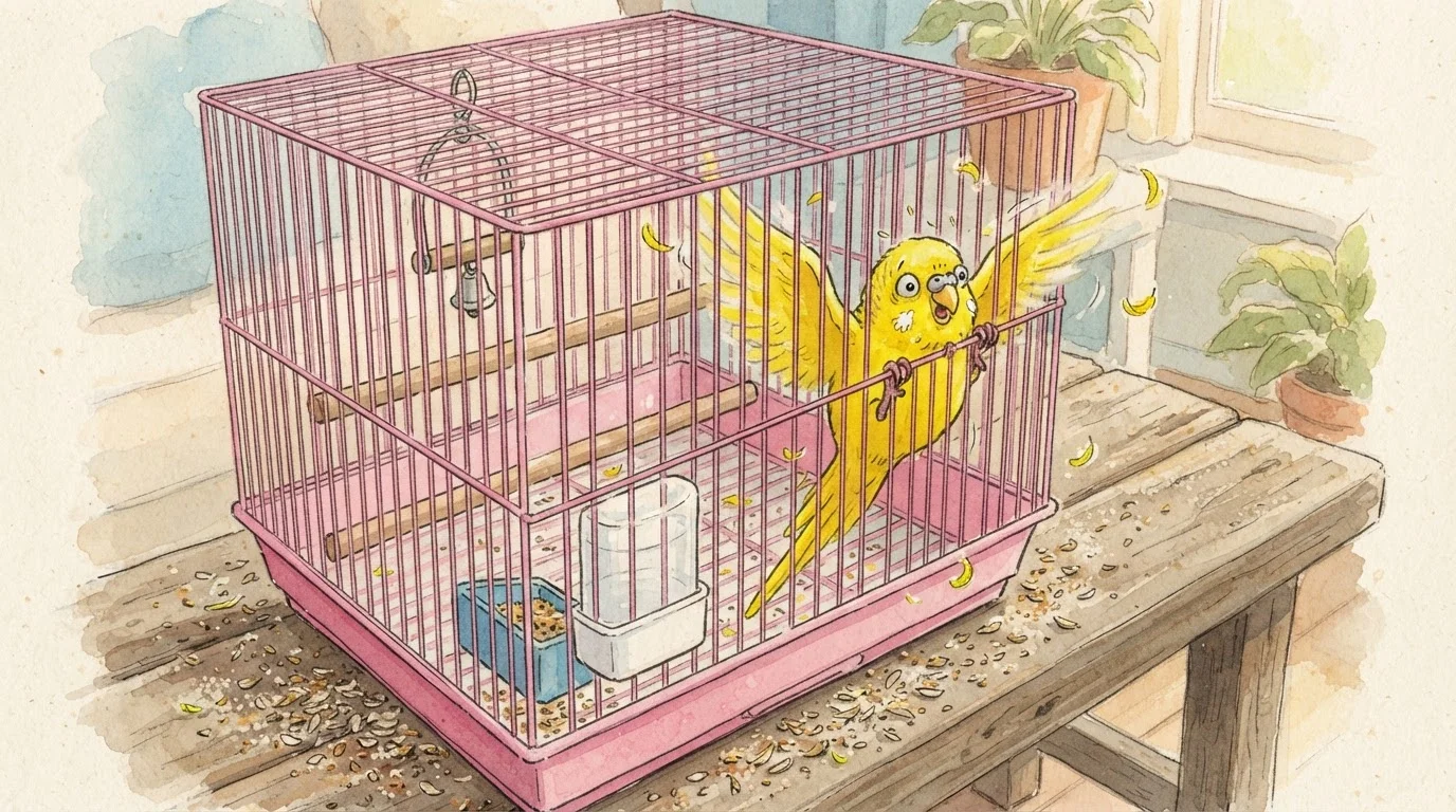 frightened-yellow-parakeet-cage